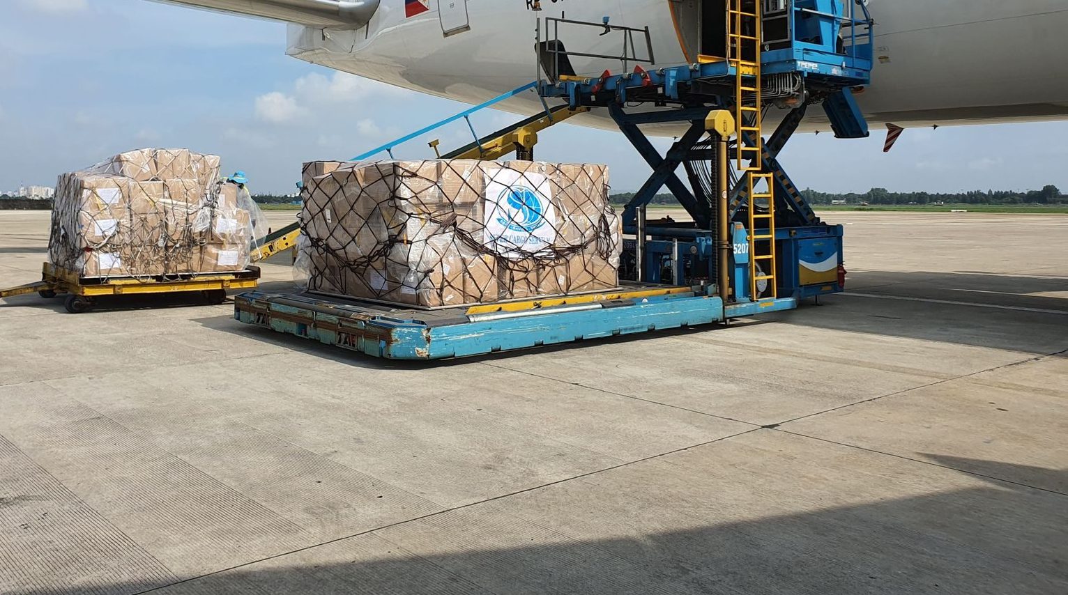 Palettes de marchandises chargées dans la soute d’un avion-cargo