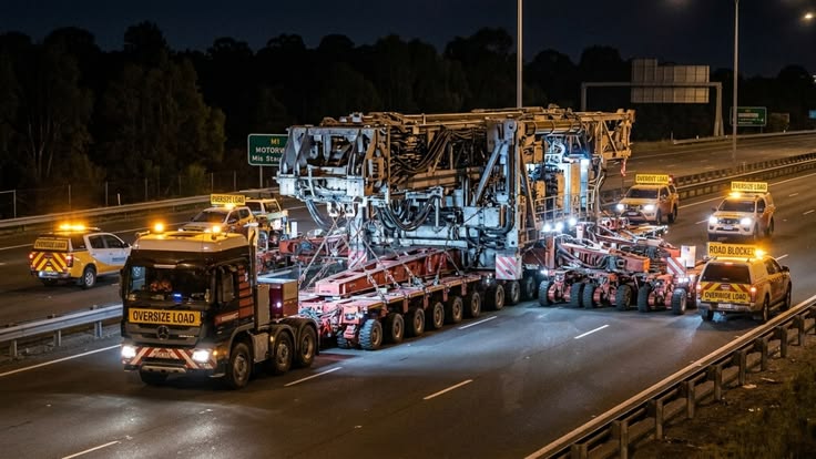 Transporte especial de carga volumosa numa auto-estrada, à noite