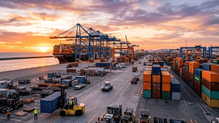 Navio porta-contentores em operação de carga num terminal portuário