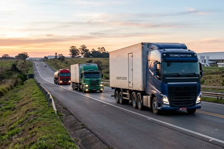 Camiões de mercadorias em fila numa auto-estrada ao amanhecer