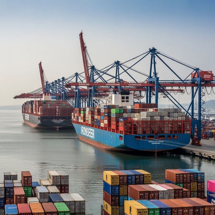 Navio porta-contentores ao cais, com contentores empilhados em primeiro plano
