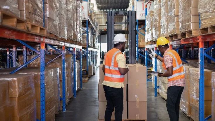 Dois operadores a movimentar mercadoria num armazém