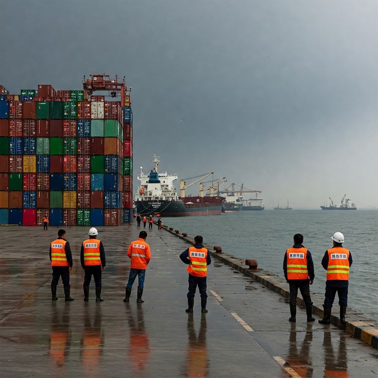 Equipa de operadores junto ao cais, de frente para um terminal de contentores